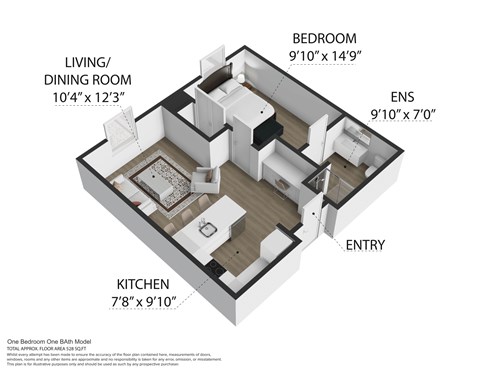Floor plan for 1 bed, 1 bath, 620 sqft